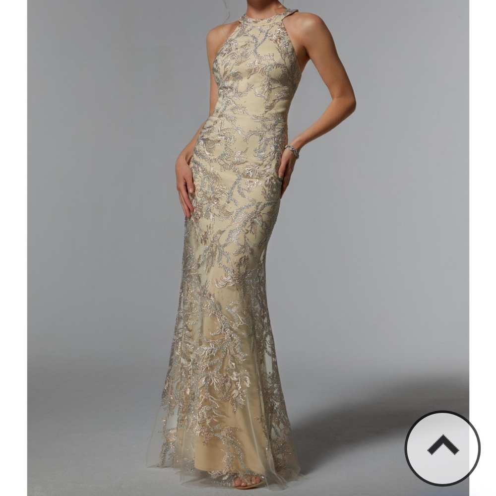 Mori Lee Embroidered Net Halter Neck Sheath Gown